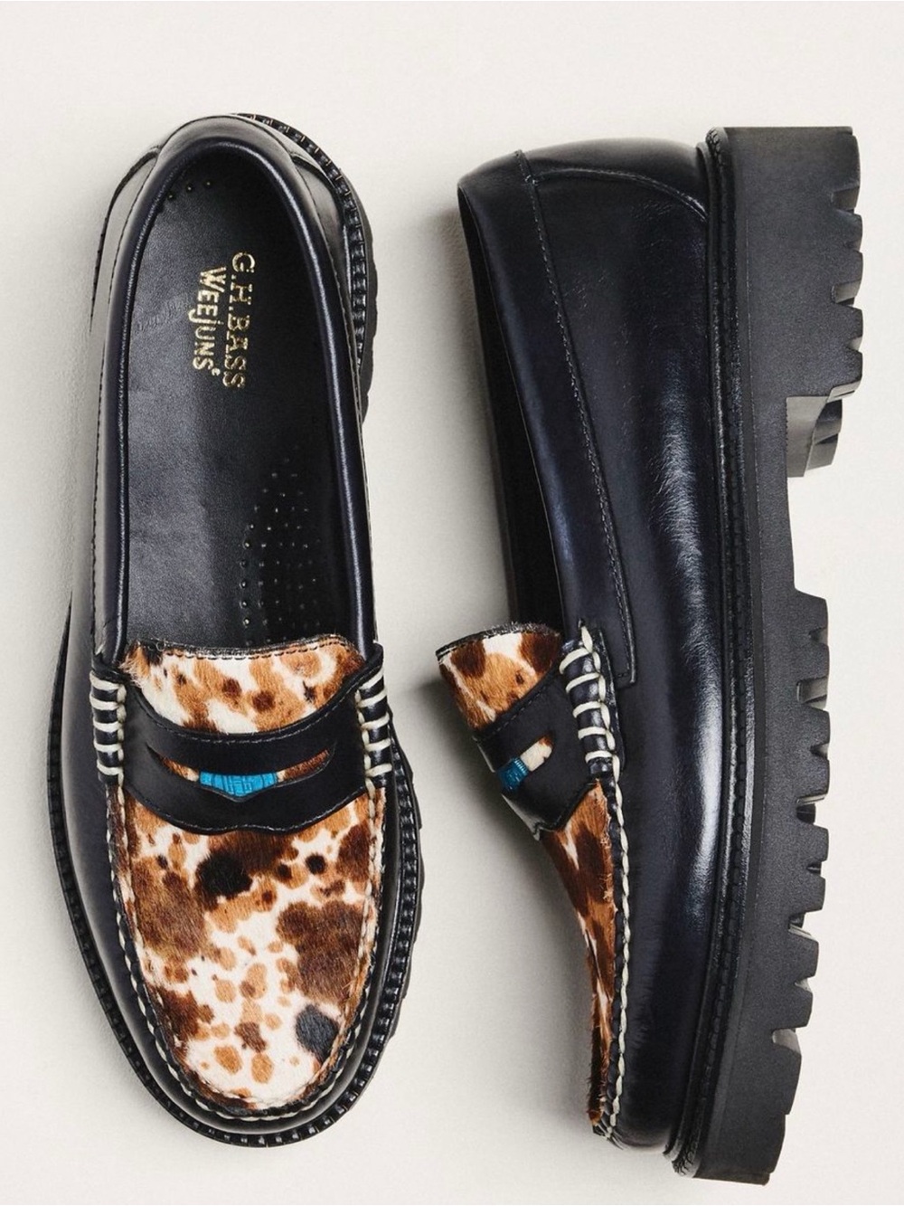 G.H. Bass & Co. Black Leather Loafers with Brown Cowhide Accent